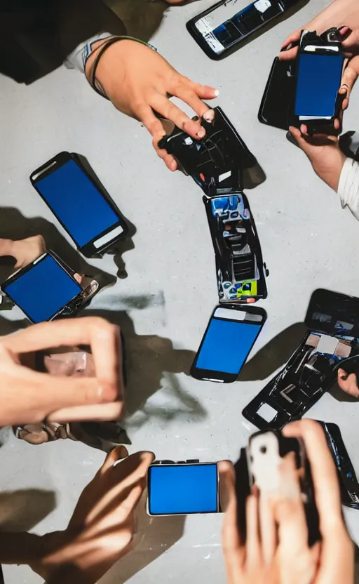 Prompt: robotic humans checking their cell phones one in each hand and one in each foot editorial photograph