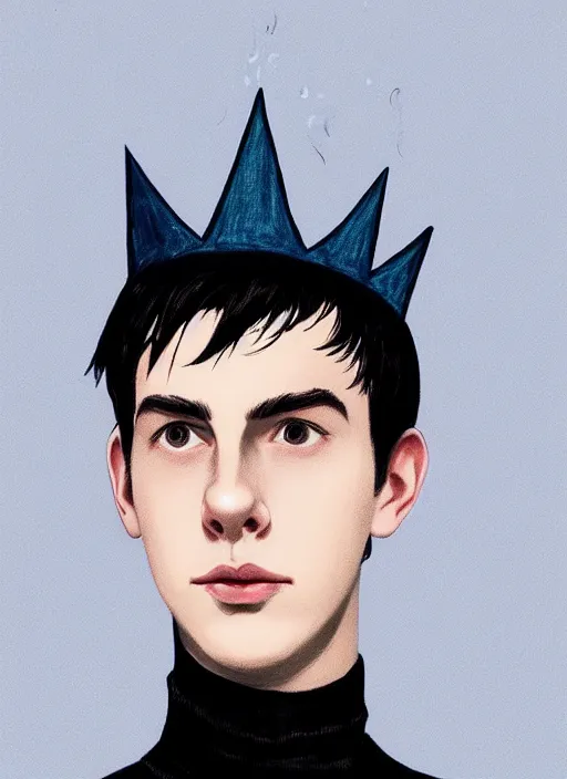 Image similar to portrait of teenage jughead jones wearing a light grey crown, crown, blue turtleneck, 1 9 5 0 s, closed eyes, photorealistic, black hair, glowing lighting, intricate, elegant, glowing lights, highly detailed, digital painting, artstation, concept art, smooth, sharp focus, illustration, art by wlop, mars ravelo and greg rutkowski