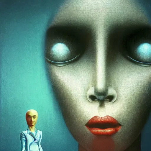 Image similar to a closeup of a businesswoman with a computer motherboard head, Beksinski, Dariusz Zawadzki