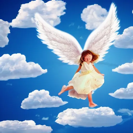 Image similar to bright blu sky. fluffy clouds. angels with big wings wake - up