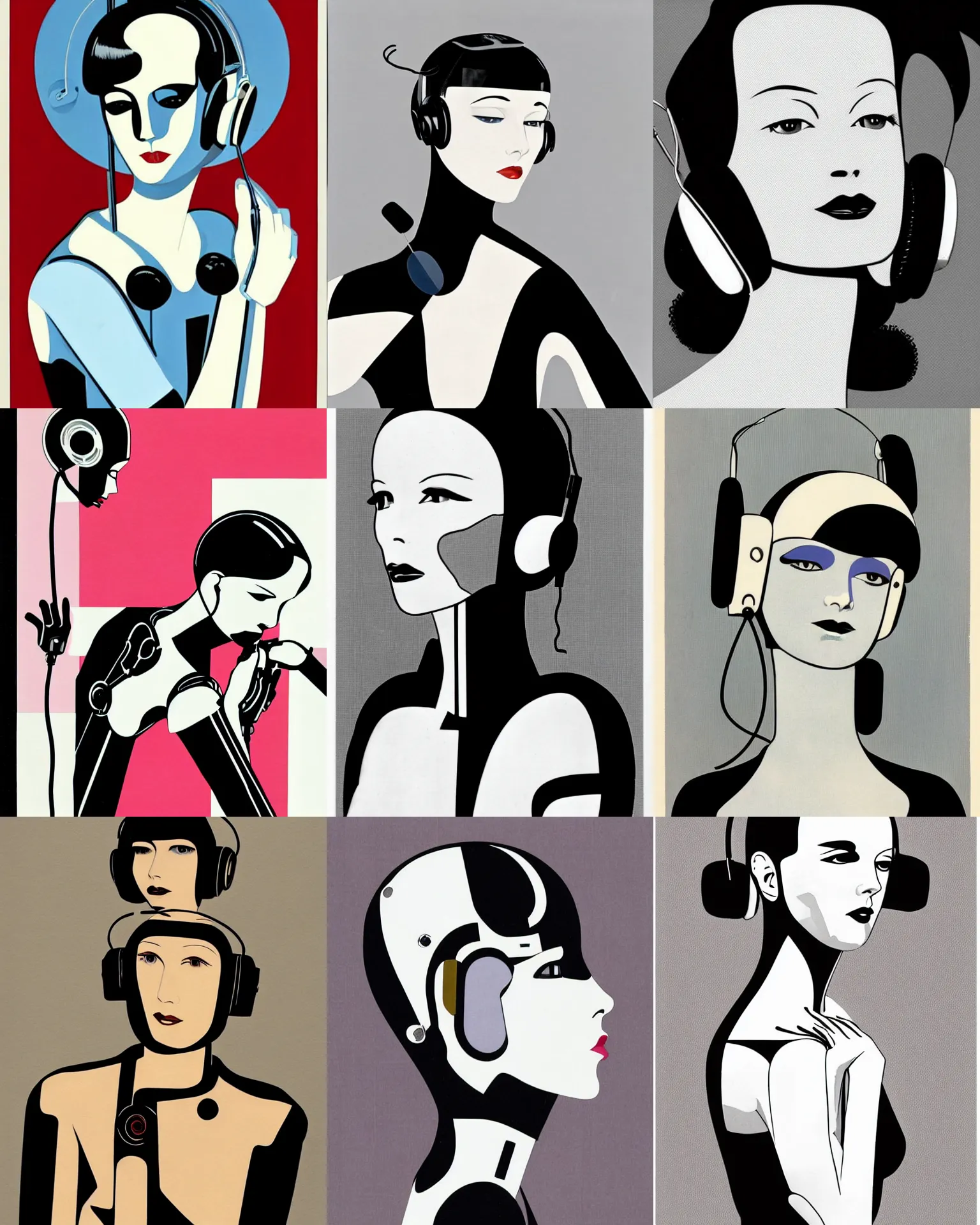 Prompt: mary louise brooks wearing headphones, half robot and half woman, chrome outfit, airbrush, robot arms, by patrick nagel, art deco style