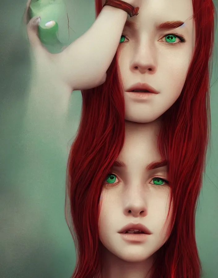 Prompt: girl portrait. red hair, green eyes. intricate artwork. octane render, trending on artstation, very coherent symmetrical artwork. cinematic, hyper realism, high detail, octane render, 8k, matte painting, 3d