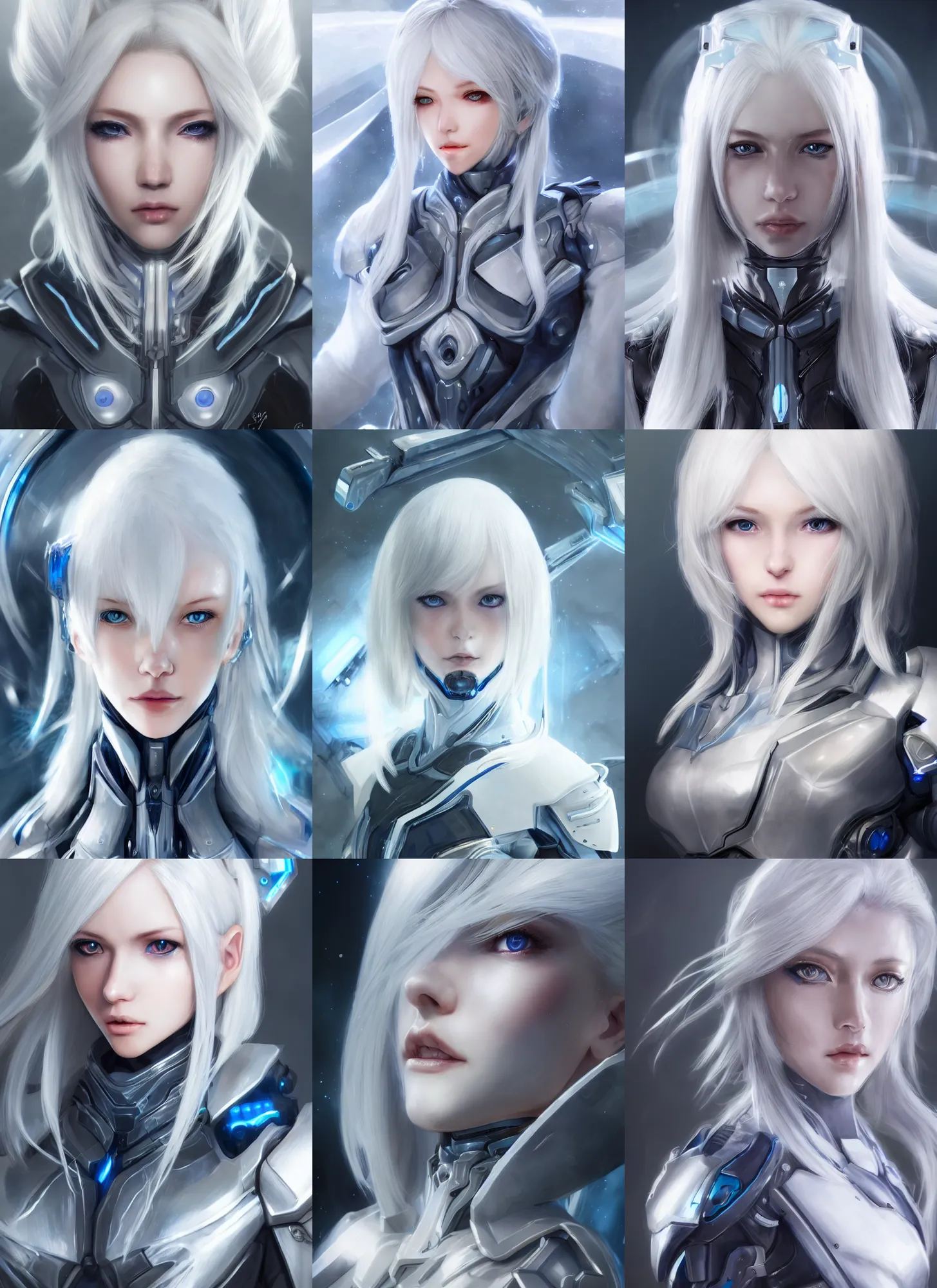 Prompt: detailed portrait of perfect white haired girl, android, warframe armor, beautiful, pretty face, blue cyborg eyes, innocent, scifi, 4 k, sun yunjoo, ultra realistic, aura of light, cinematic lighting, highly detailed, sharp focus, artstation, masterpiece, art by hyungjin yang and akihiko yoshida