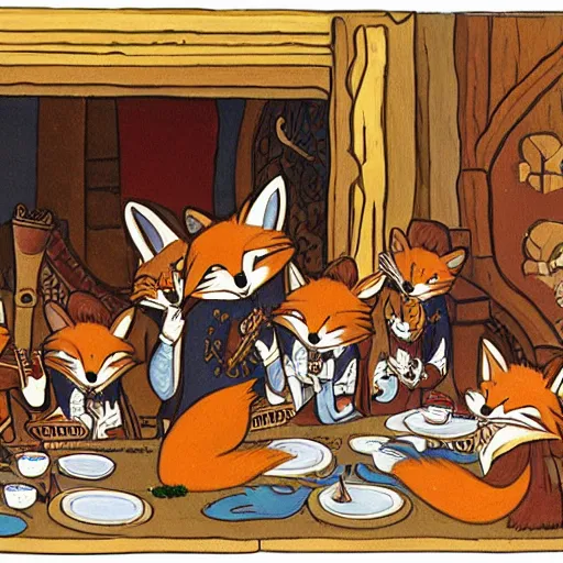 Image similar to An anthropomorphic fox playing the lute in a tavern full of anthropomorphic animals, by Ken Anderson and Don Bluth