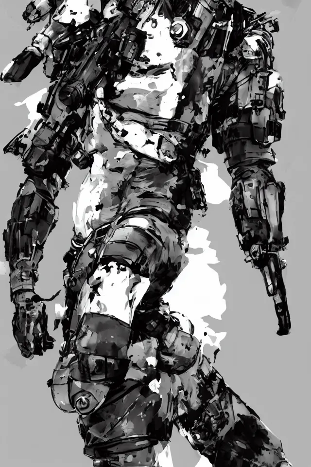 Image similar to a full - body portrait of the tiktoker anna banana, in yoji shinkawa's art style, metal gear solid art style, highly detailed, 4 k, artistic, white background, b & w