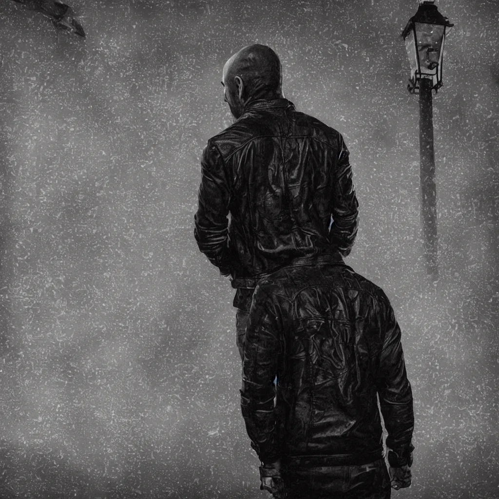 Prompt: Joe Rogan wearing a black leather jacket, leaning against a streetlight at night, gritty atmosphere, digital art, lit from above, raining