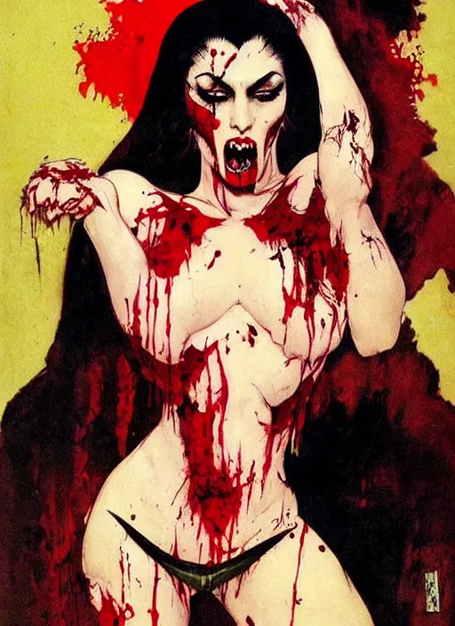 Image similar to portrait of bald iranian vampiress, strong line, saturated color, beautiful! coherent! by frank frazetta, high contrast, blood splatter background