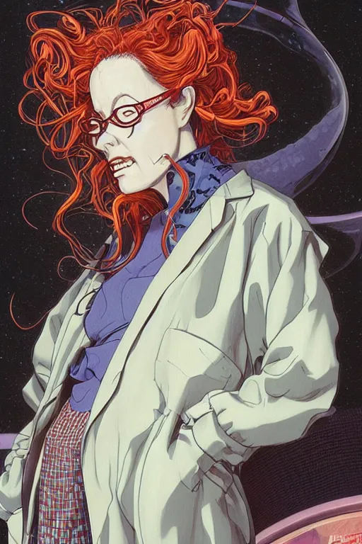 Prompt: zoom out portrait of mad lady scientist, stylized illustration by katsuhiro otomo, brom, moebius concept art, anime, colorful comics style,