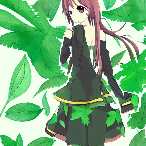 Image similar to A anime character with green clothes with leaves and plant exploring the world , Digital art, anime style, cinematic, Amazing pose,