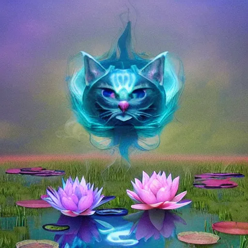 Prompt: A phantasy cat made of water lilies and wispy smoke with god glow in beautiful pond by unreal trending on ArtStation