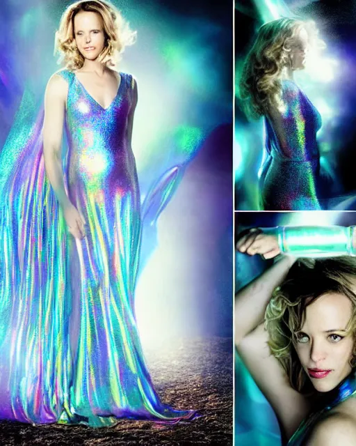 Image similar to annie leibovitz style photoshoot editorial of rachel mcadams as sue storm, the invisible woman from the fantastic four, she is wearing a beautiful iridescent shimmering, glowing jellyfish like wedding dress made from her force field powers, hyperreal, magical, translucent, iridescent, studio lighting, soft focus, bokeh, 5 0 mm