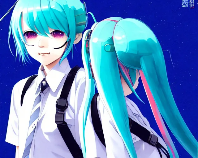 Image similar to Hatsune Miku by Yukito Kishiro and katsuhiro otomo and ilya kuvshinov and Tomas Sanchez and Simon Stålenhag, high resolution, pixiv, fanbox, skeb.jp, clipstudio, medibang, ichi-up, CGWORLD, manga cove