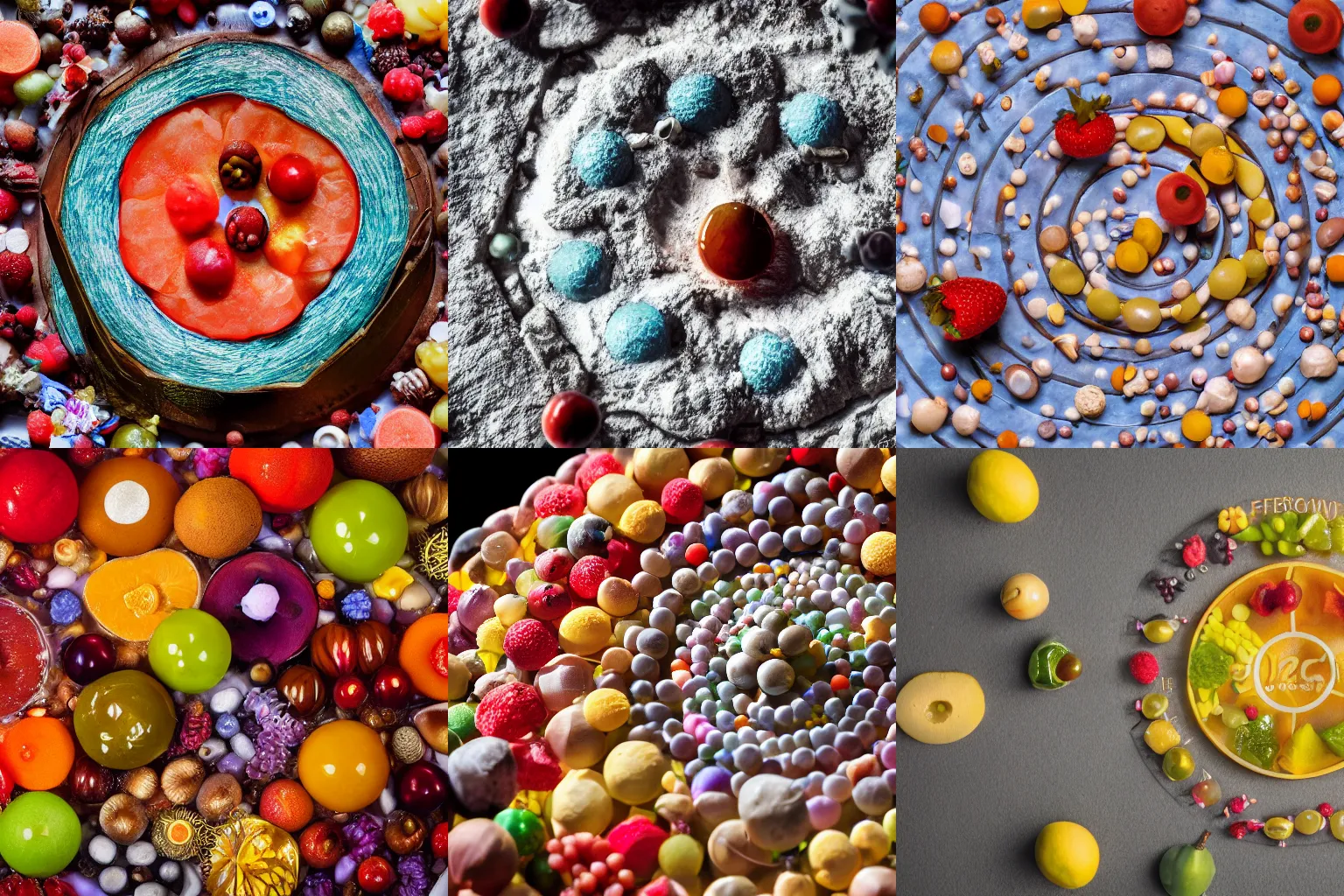 Prompt: macro photo of a bohr's atomic model made of fruits, michelin star restaurant quality food photography