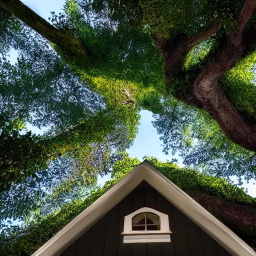 Image similar to a house with a tree growing on it's roof, the photo was taken from the ground looking up at the tree, realistic, ultra high detail, ambient lighting, 8k.