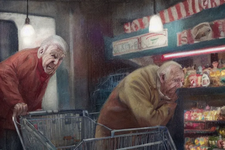 Image similar to john madden as a contestant on supermarket sweep, old elder expressive male face, grocery store, ethereal details, night, cinematic lighting, hyper - detailed, maximalist, trending on artstation, cgsociety, 8 k, high resolution, in the style of faiza maghni, david ligare, flora borsi, daniel gerhartz, elena masci