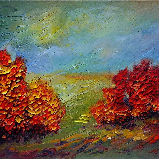 Prompt: autumn leaves in the morning, impasto