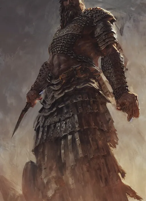 Image similar to ancient historically accurate depiction of the Bible Character Goliath of Gath, the Philistine warrior giant in ancient persian chainmail armor, dramatic lighting art by Yoji Shinkawa by Richard Schmid by greg rutkowski by Sandra Chevrier by Jeremy Lipking cinematic dramatic