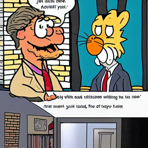 Image similar to garfield hanging out with jon stewart in the cartoon style of the new yorker