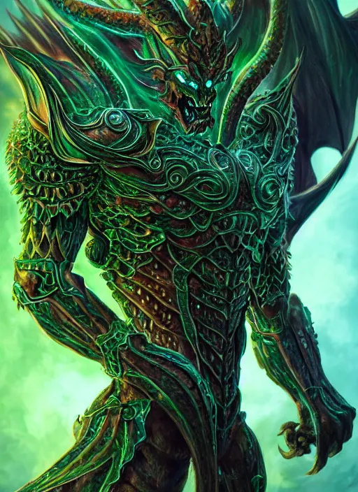 Image similar to muscular and tall green ghostly fire humanoid dragon!!!! draconian!! intricate ornate iridescent heavy armor!! character concept art, sharp focus, octane render! unreal engine 5! highly rendered!! trending on artstation!! detailed linework!! illustration by artgerm, wlop, and chie yoshii