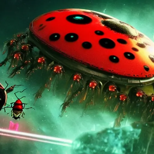 Image similar to film still, future ladybug ( ( descendants ) ), ladybug quadruped with big rgb eyes, huge ladybug mothership, epic cosmos, dramatic lighting, the hobbit blade runner guardians of the galaxy. imax, 7 0 mm.