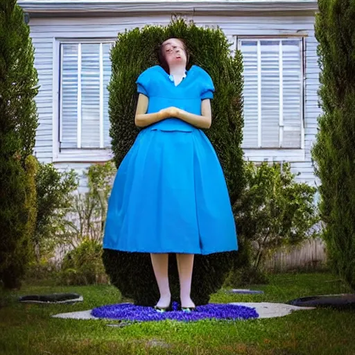 Image similar to giant flower head, full body, girl standing by 1 9 6 0 house, surreal photography, symmetry, mid century, flat light, bright colours, blue sky, realistic, wes anderson