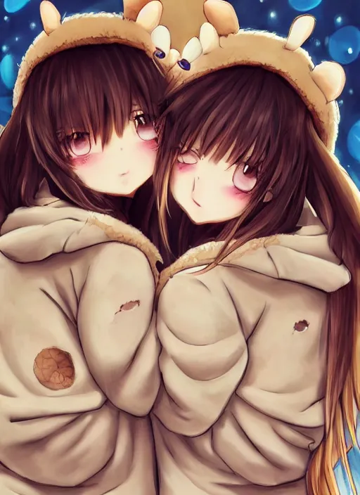 Image similar to highly detailed art of one blonde and one brown haired anime girl in onesies hugging each other looking at us, detailed eyes, happy, excited, digital art, cute, anime, detailed faces, well drawn faces, cute faces, hand drawn, 8 k, trending on artstation, official media