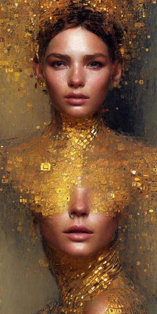 Image similar to an intricate portrait painting of an artistic pose young beautiful lady covered in klimt golden motives and textures, hyper - detailed, octane render, vivid colors, artstation, by jeremy mann, by gustav klimt