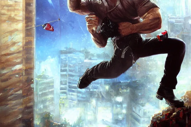 Image similar to chuck norris kicking out a window, an oil painting by ross tran and thomas kincade