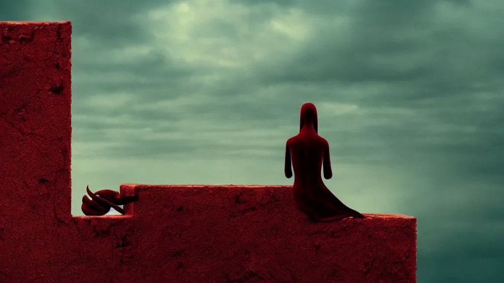 Image similar to the strange creature sits on the wall, made of blood, film still from the movie directed by Denis Villeneuve with art direction by Salvador Dalí, wide lens