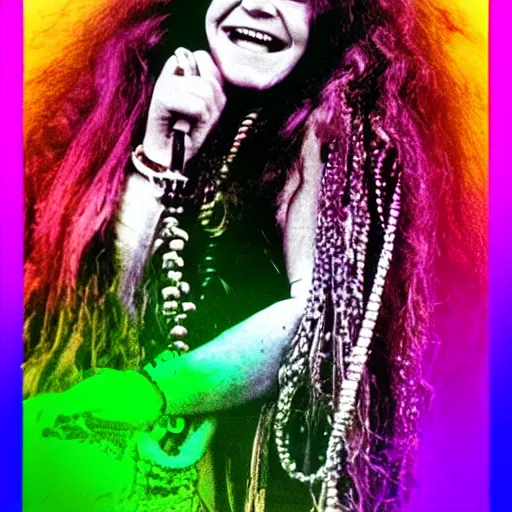 Prompt: Janis Joplin, psychedelic rainbow colors,
