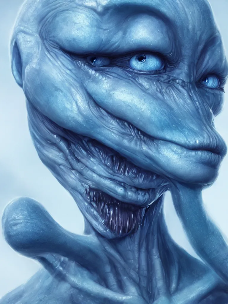 Image similar to alien human - looking with blue skin, photography portrait, cinematic, high quality, cgsociety, artgerm, 4 k, uhd, 5 0 mm, trending on artstation