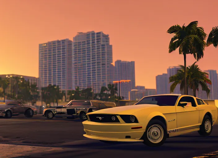 Image similar to still next - gen ps 5 game grand theft auto 6 2 0 2 4 remaster, graphics mods, rain, red sunset, people, rtx reflections, gta vi, miami, palms and miami buildings, photorealistic screenshot, unreal engine, 4 k, 5 0 mm bokeh, close - up ford mustang, gta vice city remastered, artstation