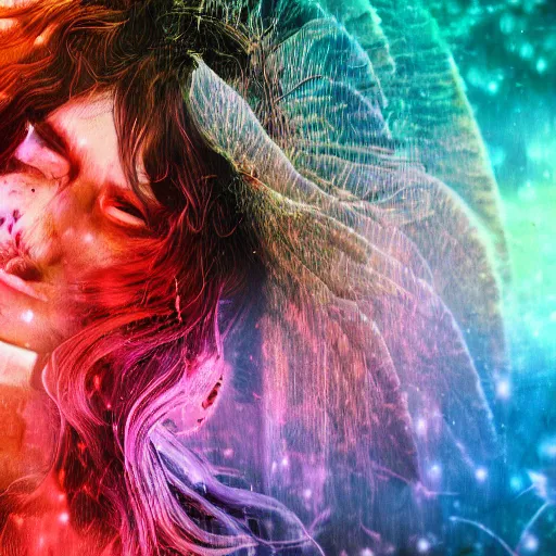 Prompt: psychedelic fantasy, caucasian, native american, european, asian, australian, brown hair with red and blue highlights, in a cinematic wallpaper, glitch effects, dissolve effects, noise, halo / nimbus, devils horns, angel wings, raven wings, hdr 8 k dop dof