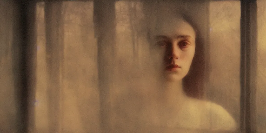 Image similar to portrait bust of young woman, solemn expression, faded color film, russian cinema, tarkovsky, kodachrome, old cabin, next to window, heavy forest outside, long brown hair, old clothing, heavy fog, sunset, hudson river school, 4 k, dramatic lighting, greg rutkowski