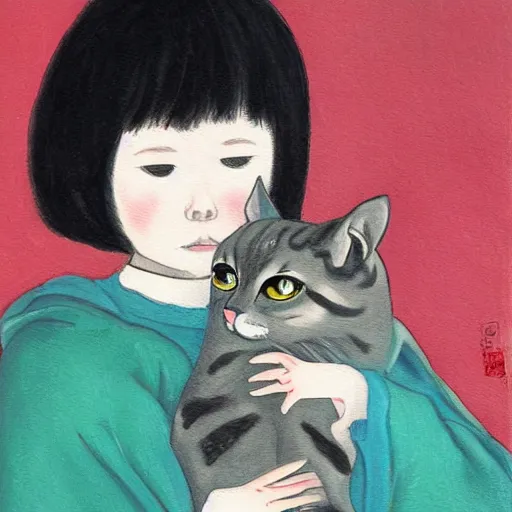 Image similar to a cat attempts to hold an extremely angry child, lowbrow painting by 奈 良 美 智