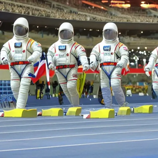 Image similar to 5 space astronauts in spacesuits running in a relay race in a stadium, each astronaut in different colors, olympic relay race. athens games