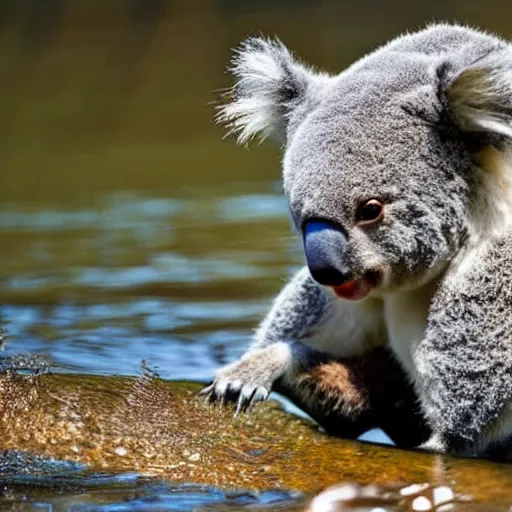 Prompt: a fierce koala bear fishing for salmon alongside an alaskan creek.