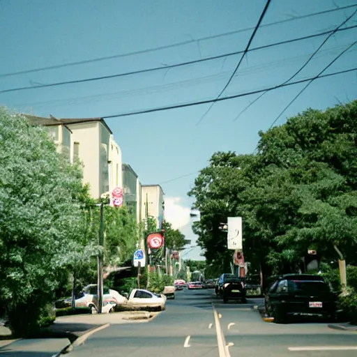 Prompt: a photograph of a suburban street during summer, 2 0 0 6, taken with a disposable camera