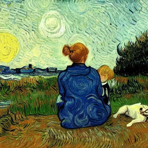 Image similar to girl with curly blonde hair sits next to her white pitbull, sitting on a riverbank watching the sunset, painting by van gogh