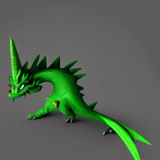 Prompt: a 3 d render of a green, feathery, male, anthropamphic dragon a spike at the tip of his tail, in the style of pet's dragon
