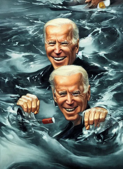 Image similar to joe biden drowning, water rushing lungs, fear!!!!!! scary, painting by phil hale, fransico goya,'action lines '!!!, graphic style, visible brushstrokes, motion blur, blurry, visible paint texture, crisp hd image