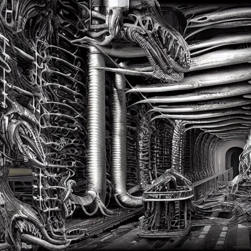 Prompt: hr giger highly detailed anatomical biomechanical industrial factory made to chew objects, biomechanical xenomorph machine made of teeth red gums red sinew red muscle, disturbing biohorror saliva, cinematic 3 d render unreal engine, photorealistic, volumetric lighting, photographed by hr giger, rendered by hr giger, designed by hr giger