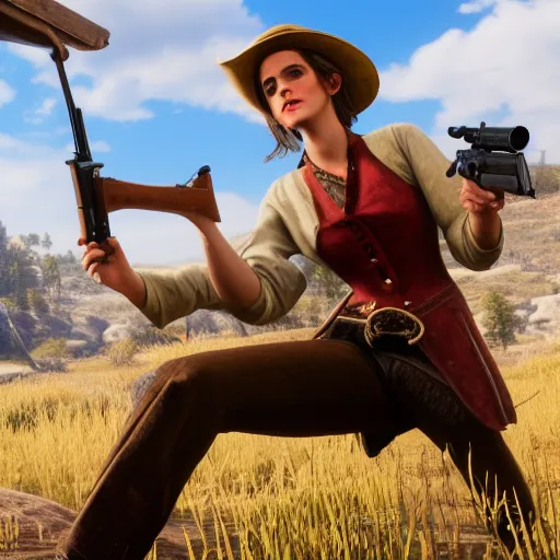 Prompt: Emma Watson in Red Dead Redemption 2 (2018 videogame), dressed as a Western sheriff, game box art