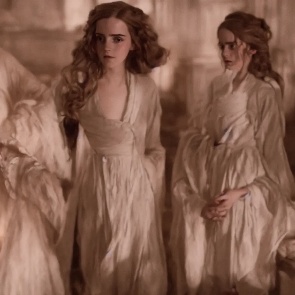 Prompt: closeup Emma Watson long hair flowing robes baroque room cinematic lighting stanley kubrick barry lyndon 4k