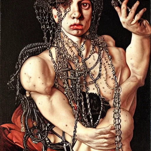 Prompt: Detailed maximalist portrait, exasperated expression, chains though flesh, highly detailed and intricate, surreal illustration in the style of Caravaggio, dark art, baroque,