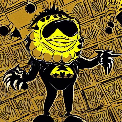 Image similar to a tennis ball monster dressed like a super hero, black and gold, digital art, fantasy, magic, chalk, trending on artstation, ultra detailed, professional illustration by basil gogos