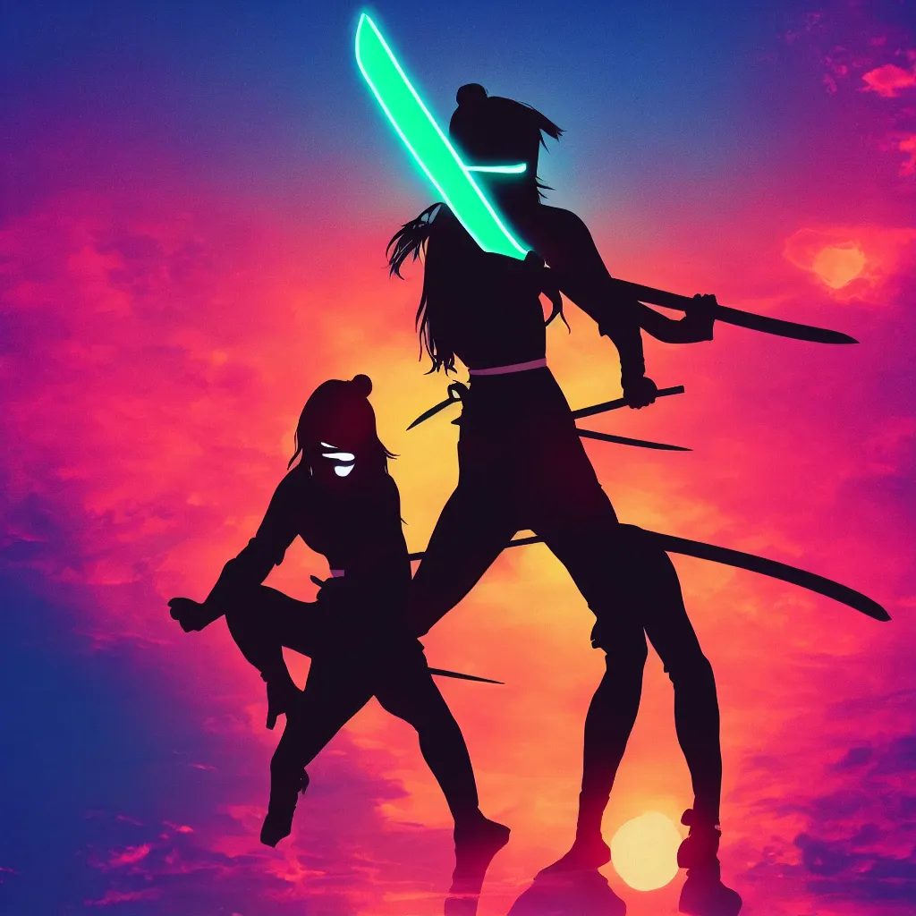 Prompt: woman ninja alone, silhouette with a katana, neon road, retrowave sunset, movie poster