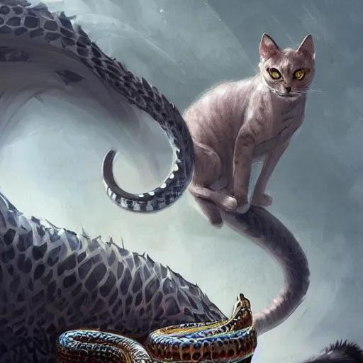 Prompt: digital painting of elegant but deadly feline cat with snake features hybrid, giant sepent furry cat chimera by Greg Rutkowski, magic the gathering concept art, trending on artstation, 4k resolution, ((in a super market Costco))