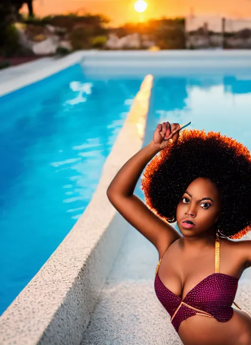 Prompt: a plump afro girl on the edge of the pool in a galographic swimsuit, a swimsuit with a lock on the chest, afro pigtails hairstyle, sunset mood, vogue style,, golden ratio, perfect composition, medium close - up ( mcu ), cannon ef 6 5 mm f / 2. 8 8 k