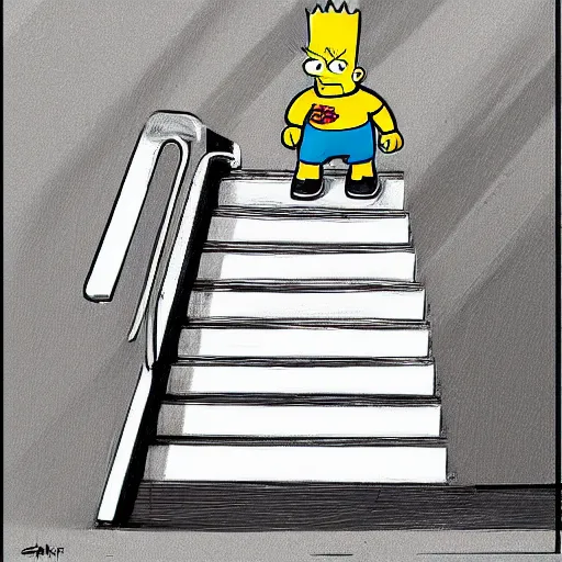 Image similar to Bart Simpson skateboarding down the stairs, digital art, RHADS